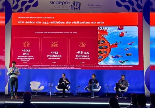 Pedro Cypriano, da Noctua, apresenta o Panorama Setorial durante o 7º Sindepat Summit. Com ele, Ronaldo Costa Beber, da Gramado Parks, Kiko Buerger, da Oceanic, e Alessandro Cunha, da Aviva