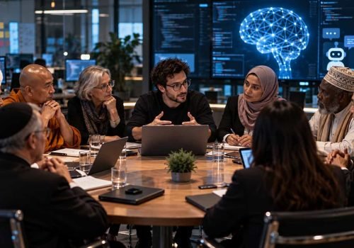 Em imagem meramente ilustrativa, líderes de diferentes tradições religiosas participam de uma discussão com especialistas em inteligência artificial. Empresas de tecnologia buscam referências éticas para orientar o comportamento dos chatbots, conciliar valores culturais e evitar respostas prejudiciais. - Crédito: Imagem gerada por IA