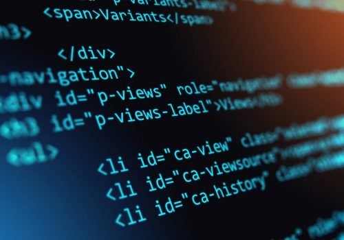 Creative abstract PHP web design, internet programming HTML language and digital computer technology business concept: 3D render illustration of the macro view of software source code on screen monitor with selective focus effect Foto:  scanrail