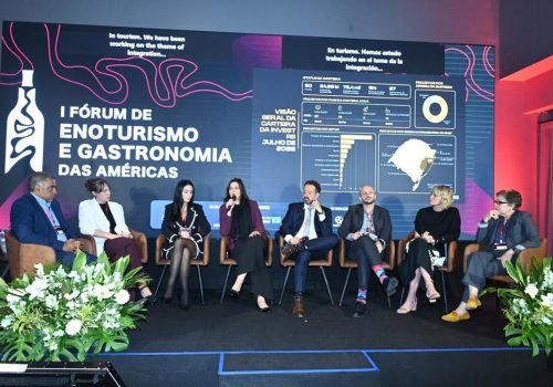 José Vicente Ramos, da Artos Capital, Juliana Mello, da Fortesec, Juliana Bettini, do BID, Ana Biselli, da Setur-SP, Daniel Nepomuceno, da ONU Turismo, Eduardo Lorea, da InvestRS, Milena Pedrosa, da Invest Minas, e Vanja Hertcert, arquiteta de vinícolas
